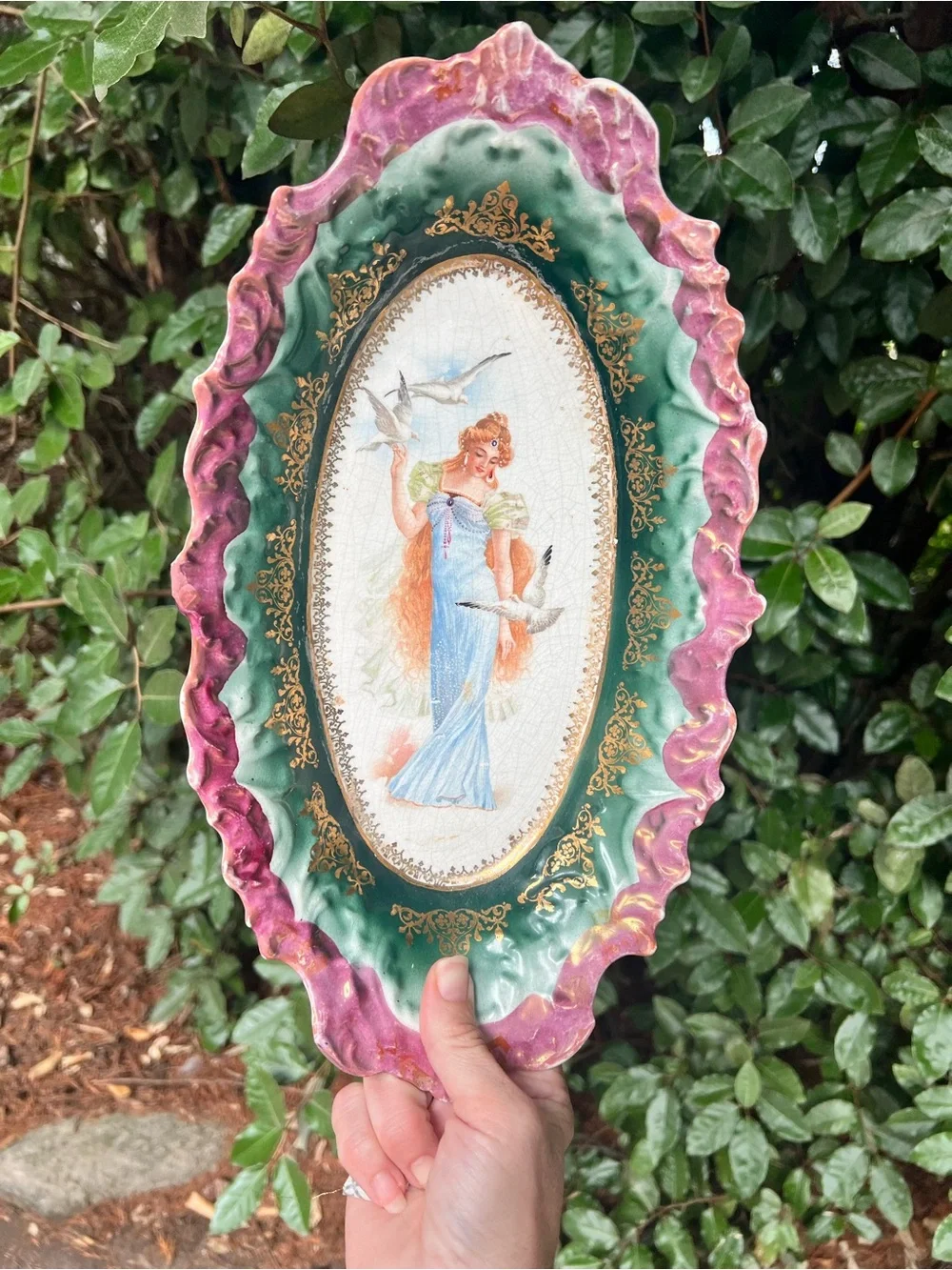 Victorian-Style Decorative Serving Plate in Pink, Green & Gold 14x8